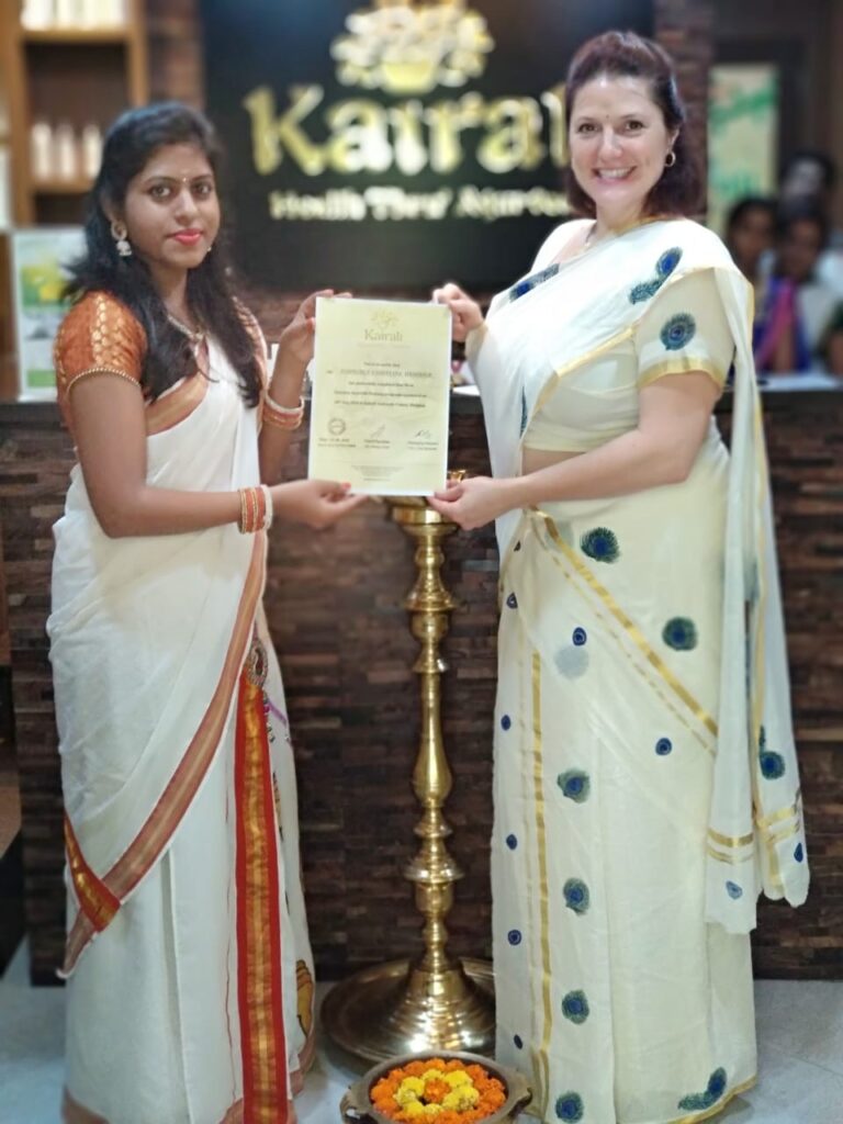 Kim getting Certified in Ayurveda Massage at Kairali School of Ayurveda in Mumbai